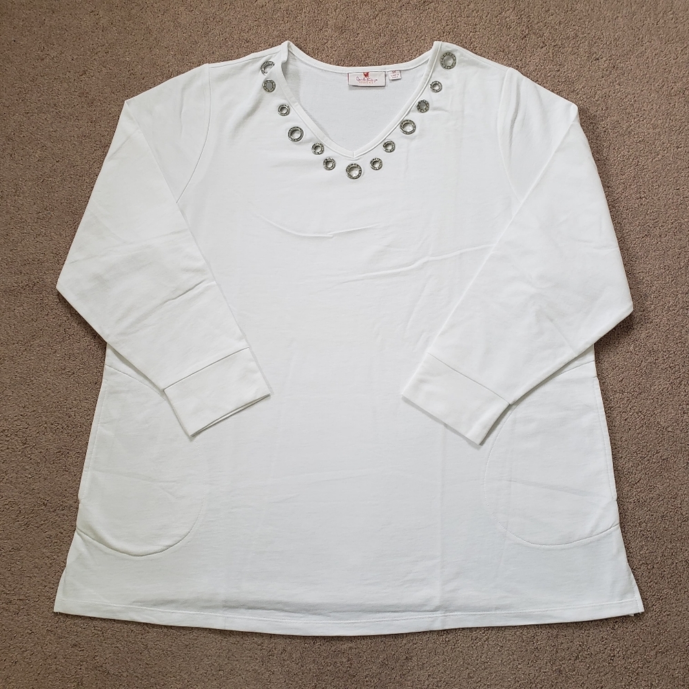 Quacker Factory Women's Long Sleeves Shirt Jeweled White V-Neck Pockets Size 2X
